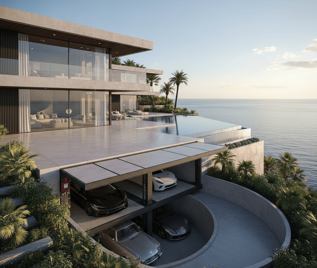Below ground car lift installed in a luxury villa driveway
