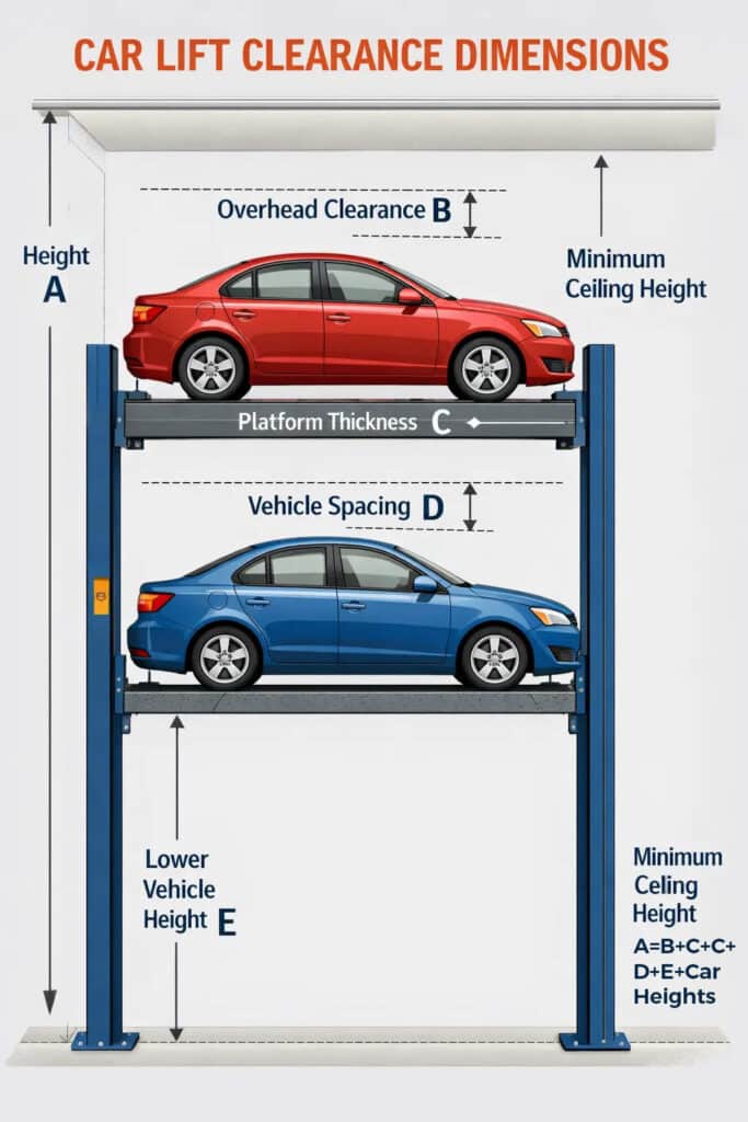 Vertical clearance diagram showing car lift dimensions including ceiling height, platform thickness, and vehicle spacing.