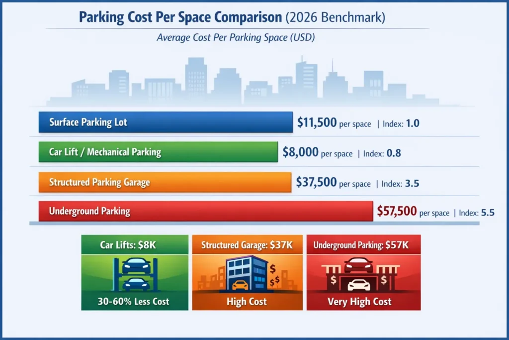 Car lift price comparison showing cost per parking space versus structured parking and land expansion Car Lift Price: 7 Smart ROI Insights That Maximize Parking Profit (2026)