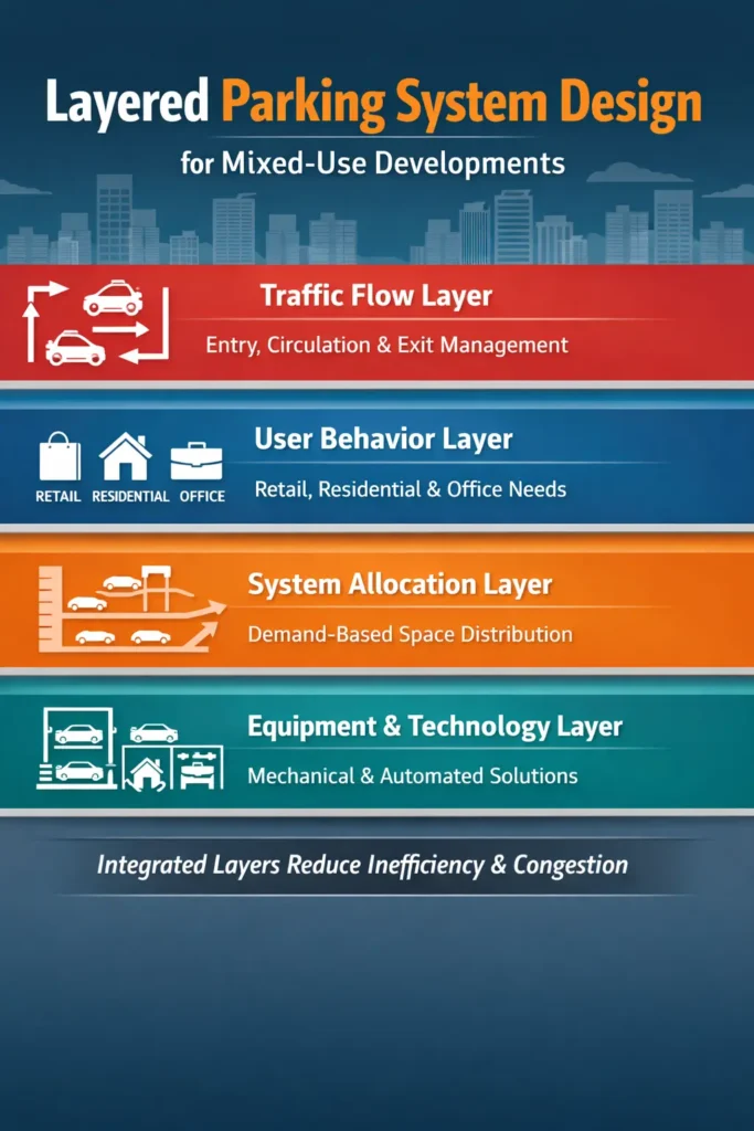 Infographic showing layered parking system design for mixed-use developments, including traffic flow, user behavior, system allocation, and equipment technology layers to improve efficiency and reduce congestion