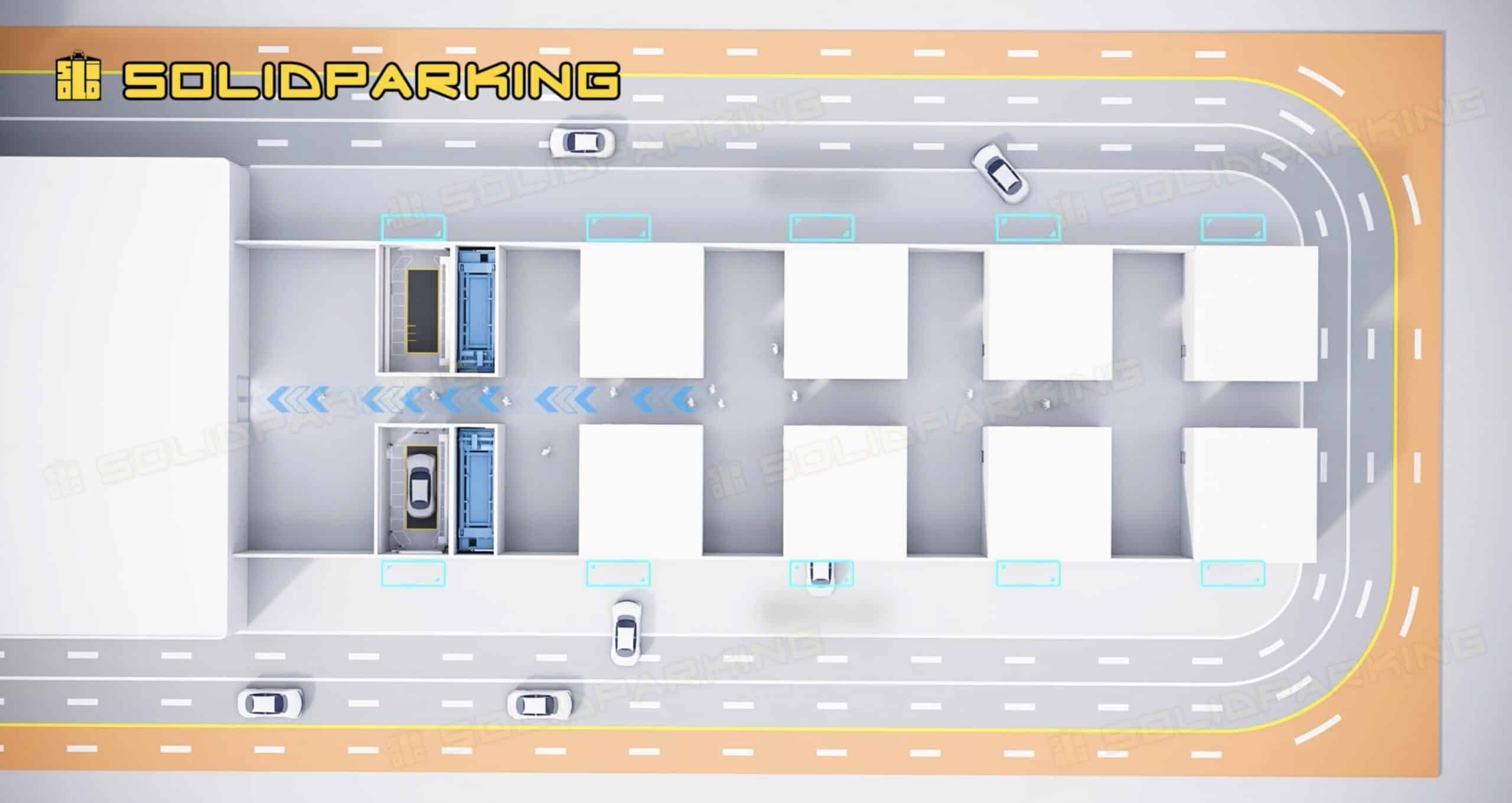 Aerial layout of an automated parking facility with multiple car lifts, a central transfer lane, and vehicles approaching the building from the street.